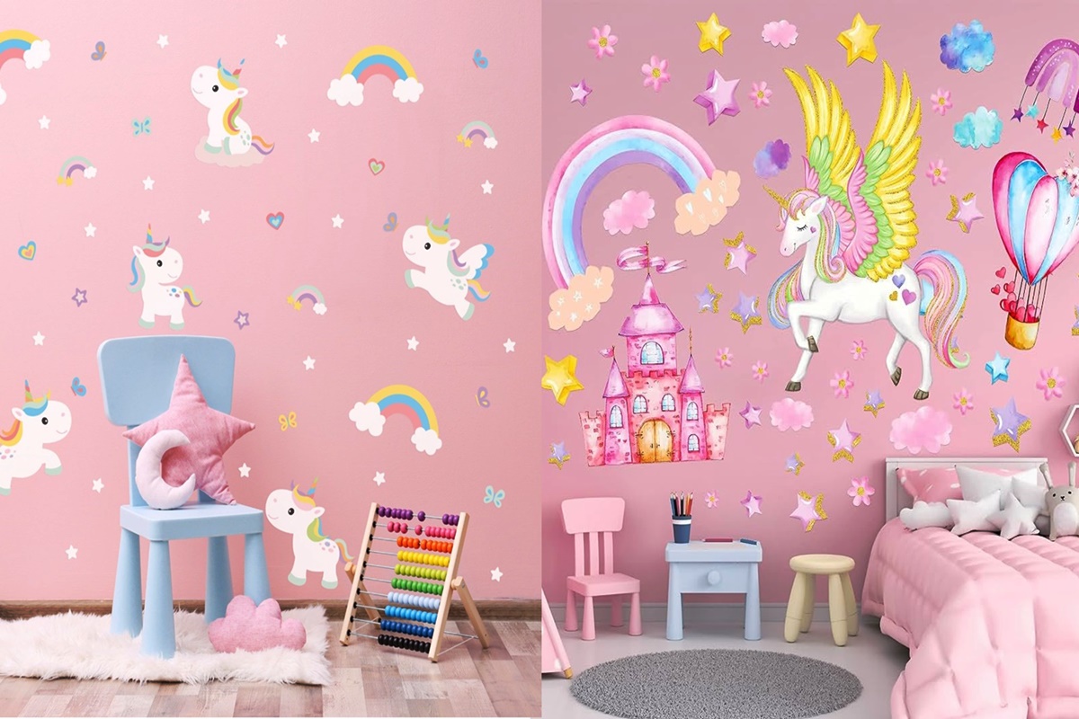 Sugestão de quarto de criança com tema arco-iris e unicornio