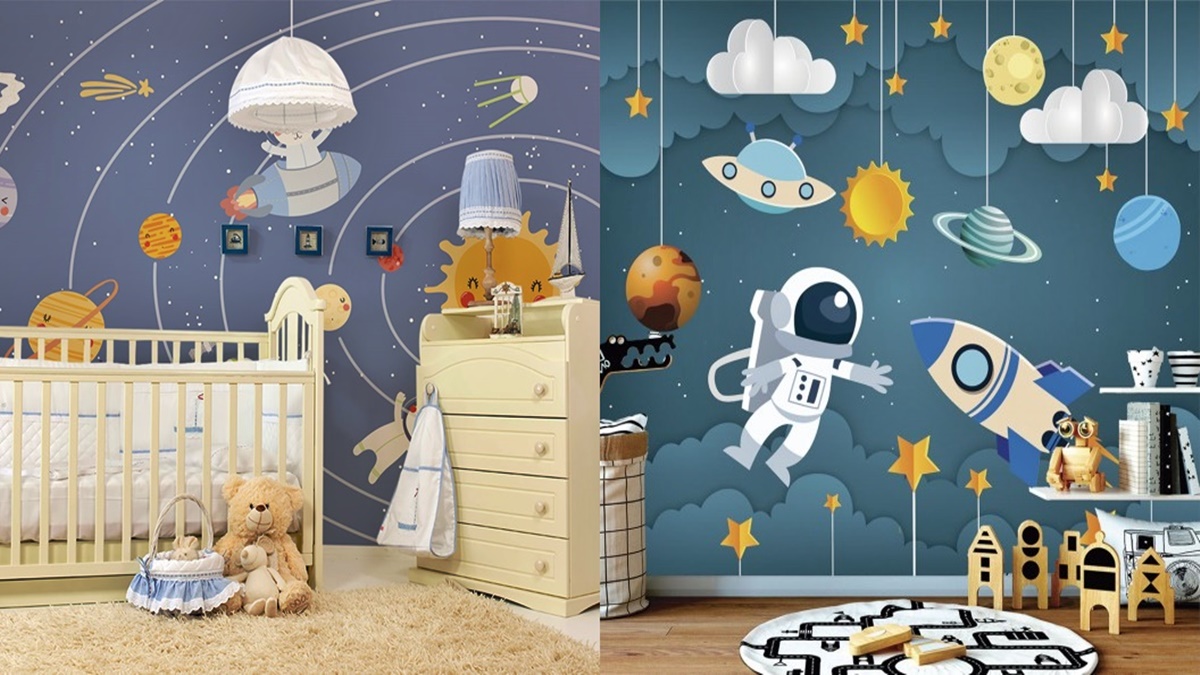 Tema infantil espaço ou sistema solar para decoração do quarto de seu bebê